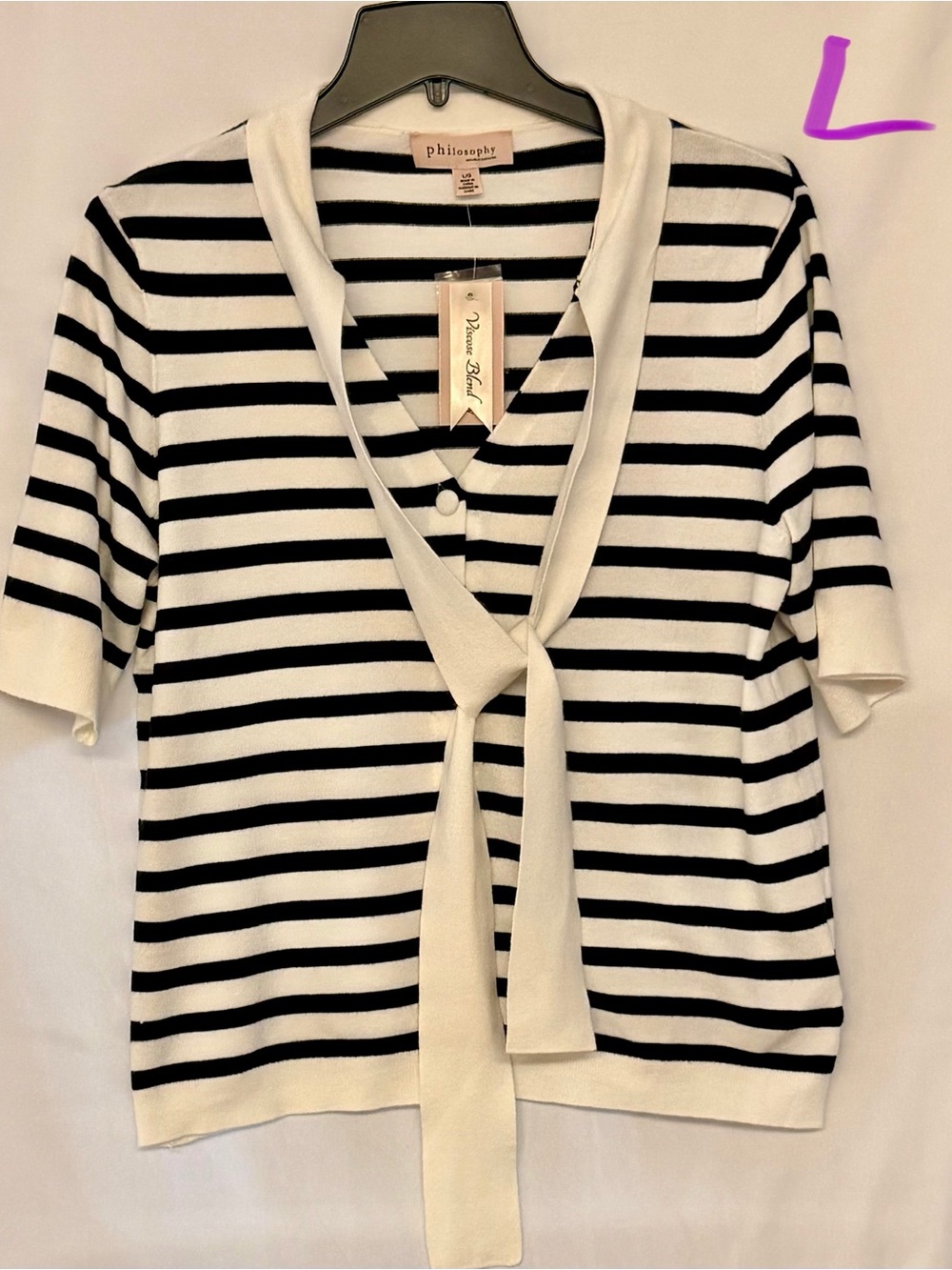 Philosophy Black and White Striped V-Neck Tie-Front Sweater